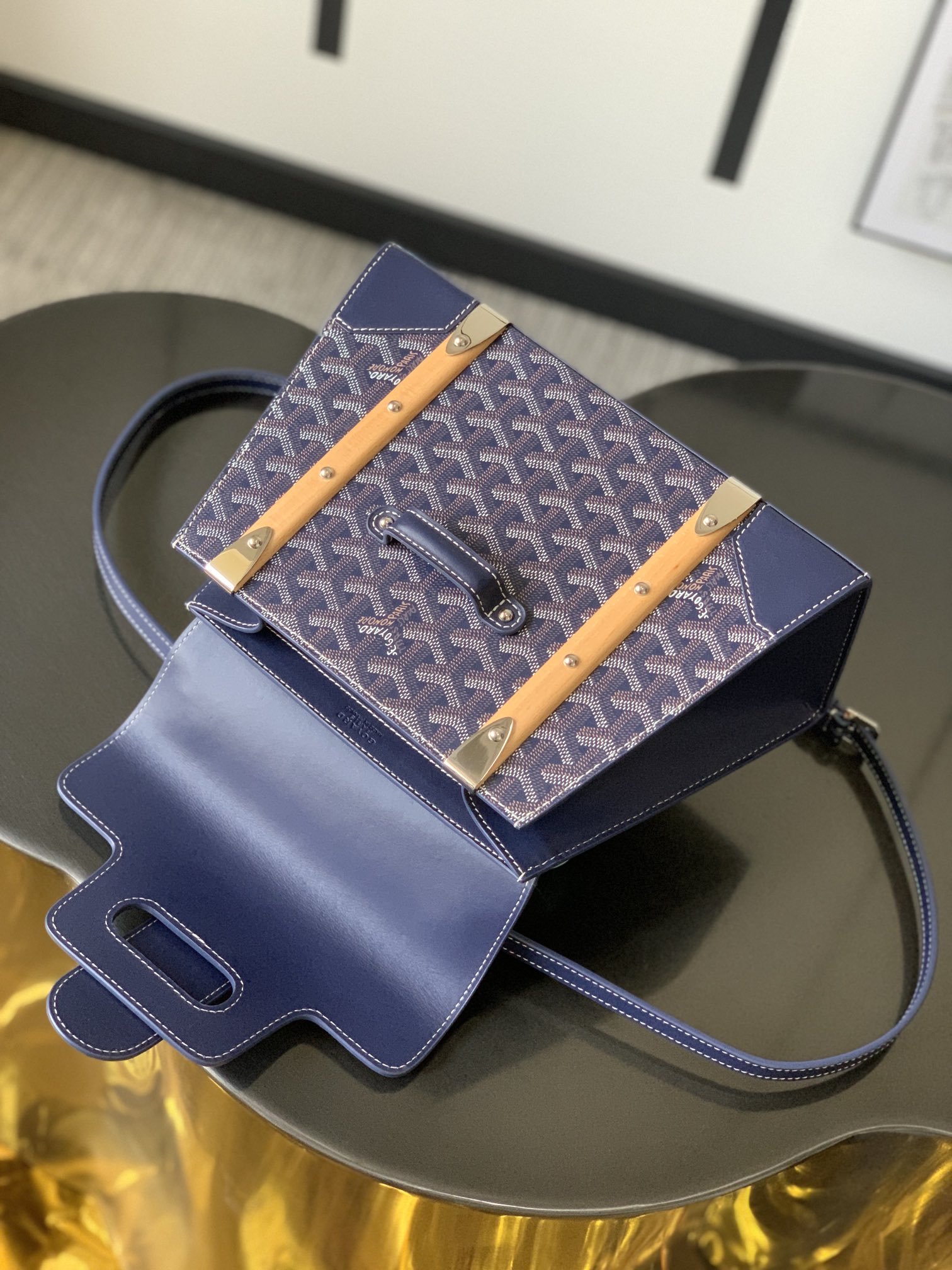 Goyard Saigon Structure PM Navy Blue Goyardine Palladiu