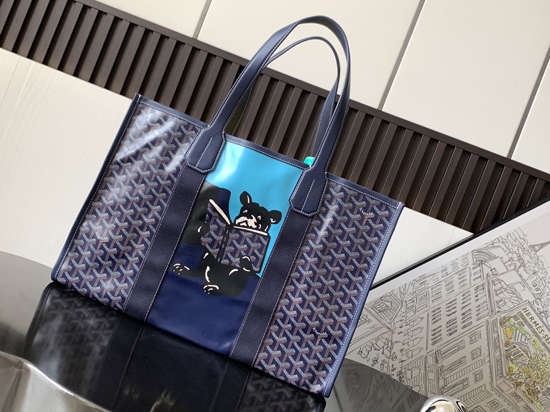Goyard Navy Blue Chevron Print Coated Canvas Bulldog Villette MM Tote