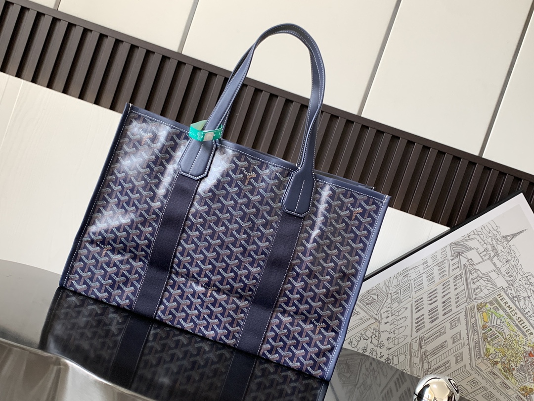 Goyard Navy Blue Chevron Print Coated Canvas Bulldog Villette MM Tote