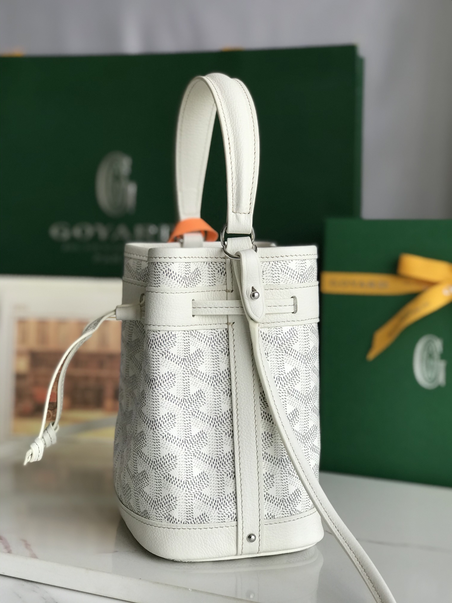 GOYARD Goyardine Petit Flot Mini Bucket Bag white