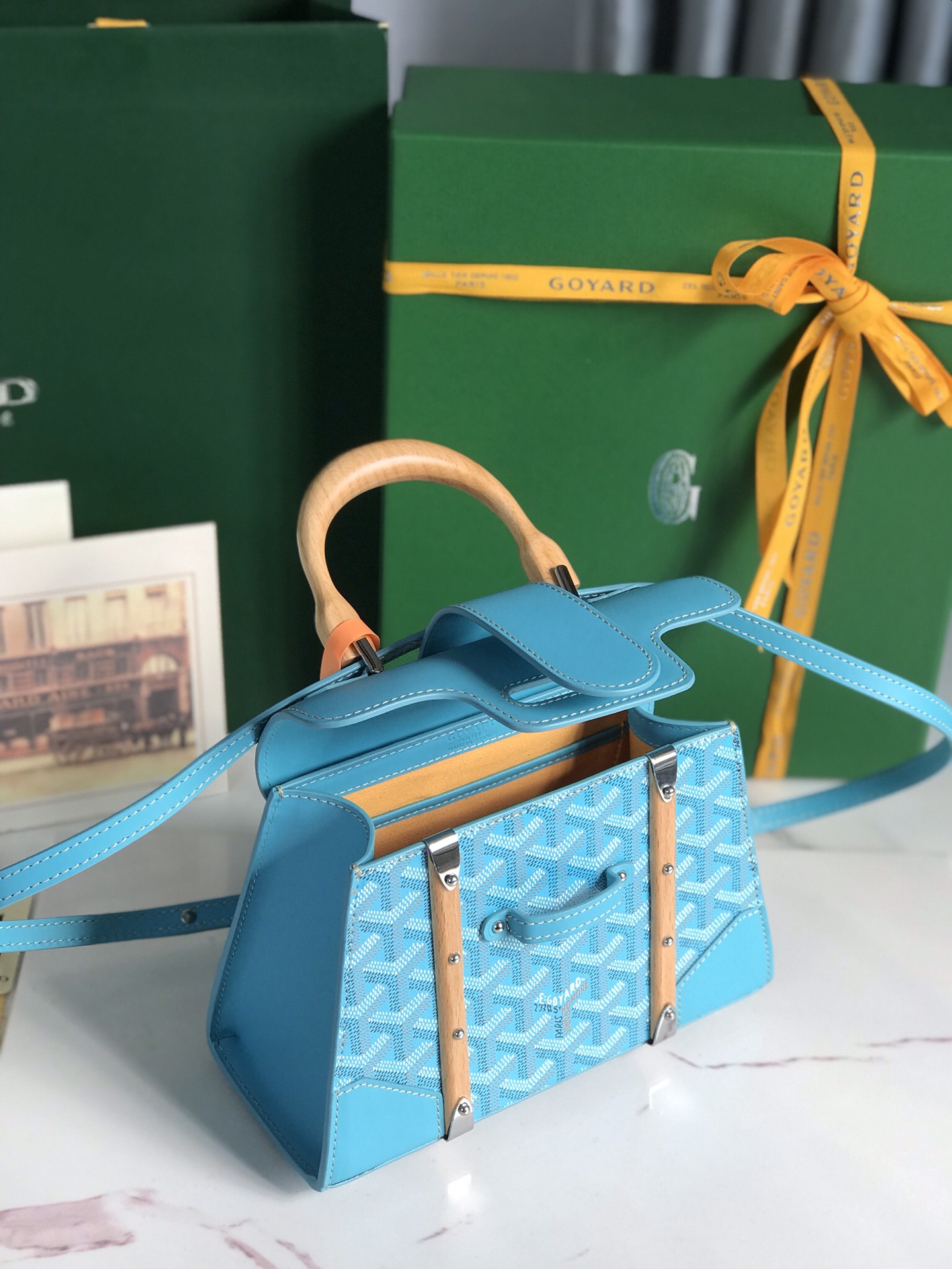 Saigon Top Handle Bag Coated Canvas with Leather PM bag blue sky