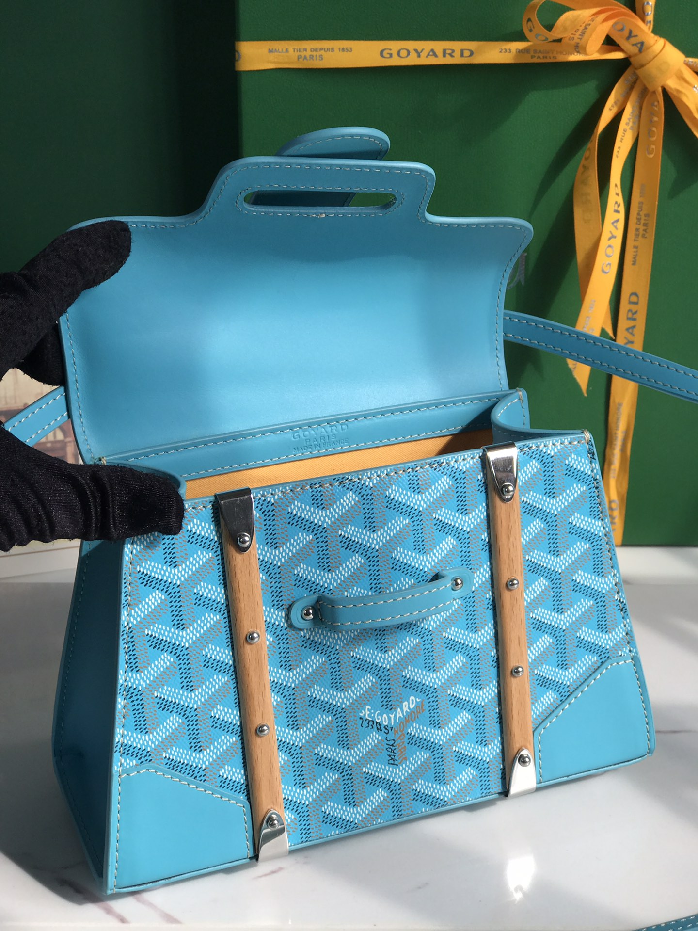 Saigon Top Handle Bag Coated Canvas with Leather PM sky blue