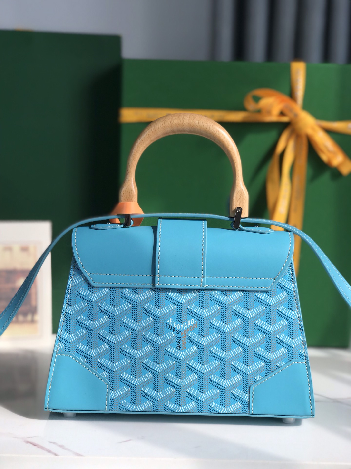 Saigon Top Handle Bag Coated Canvas with Leather PM sky blue