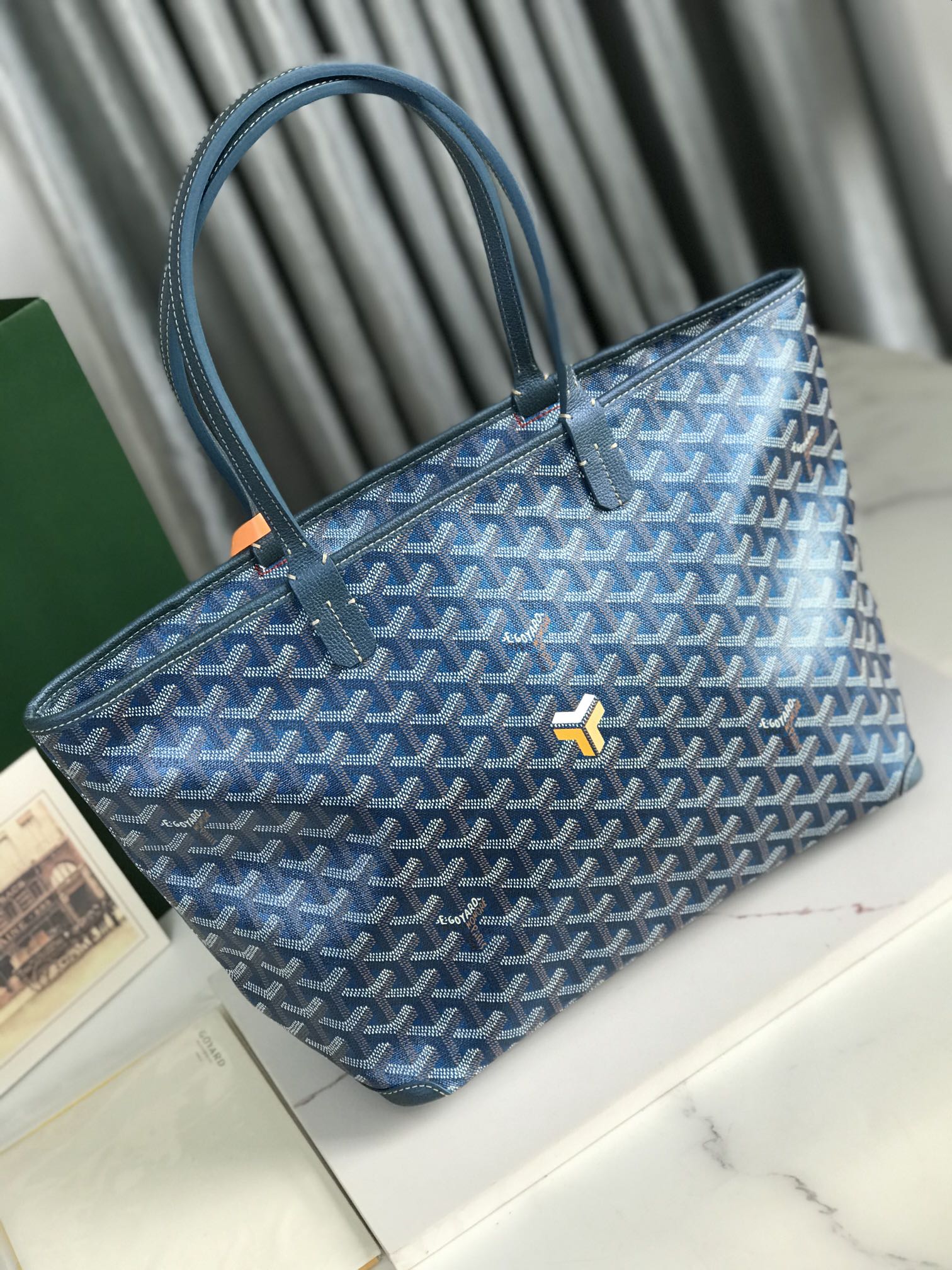 Goyard Goyardine blue Artois Tote PM Palladium