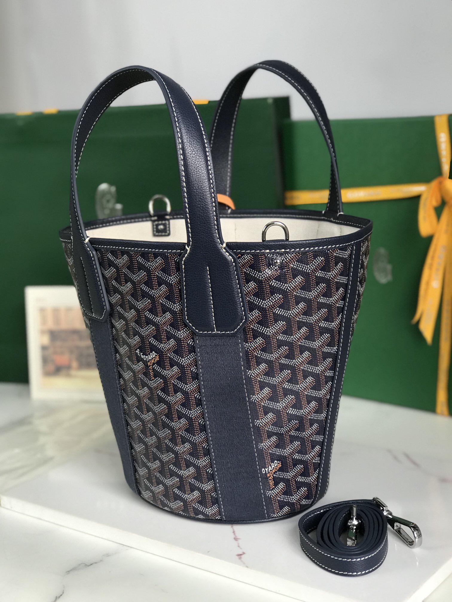 Goyard Goyardine Belharra PM Navy Blue Tote Palladium