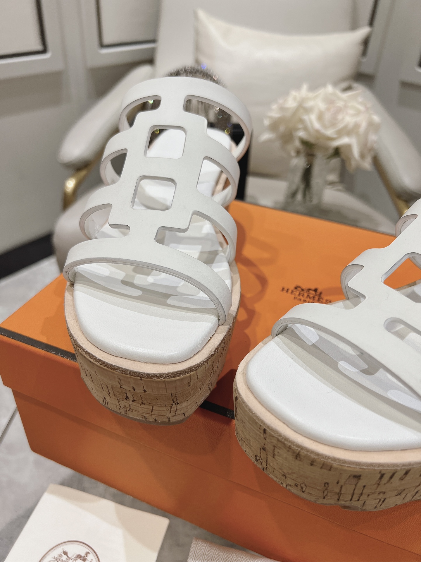 Hermes  Calfskin Cork Isabella 30 Sandals White Sold Out