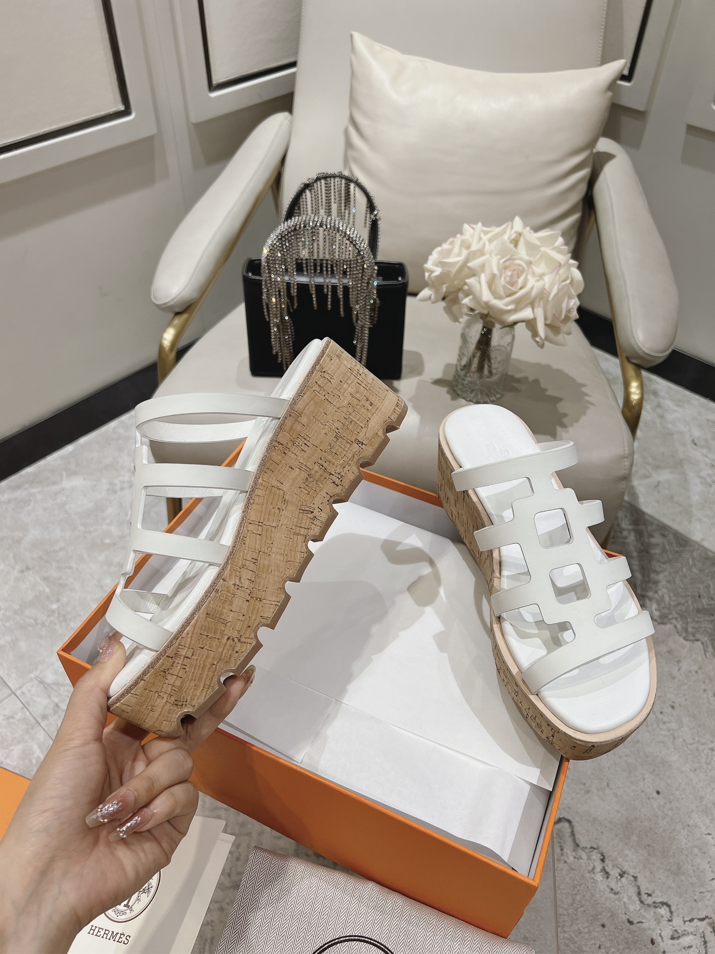 Hermes  Calfskin Cork Isabella 30 Sandals White Sold Out