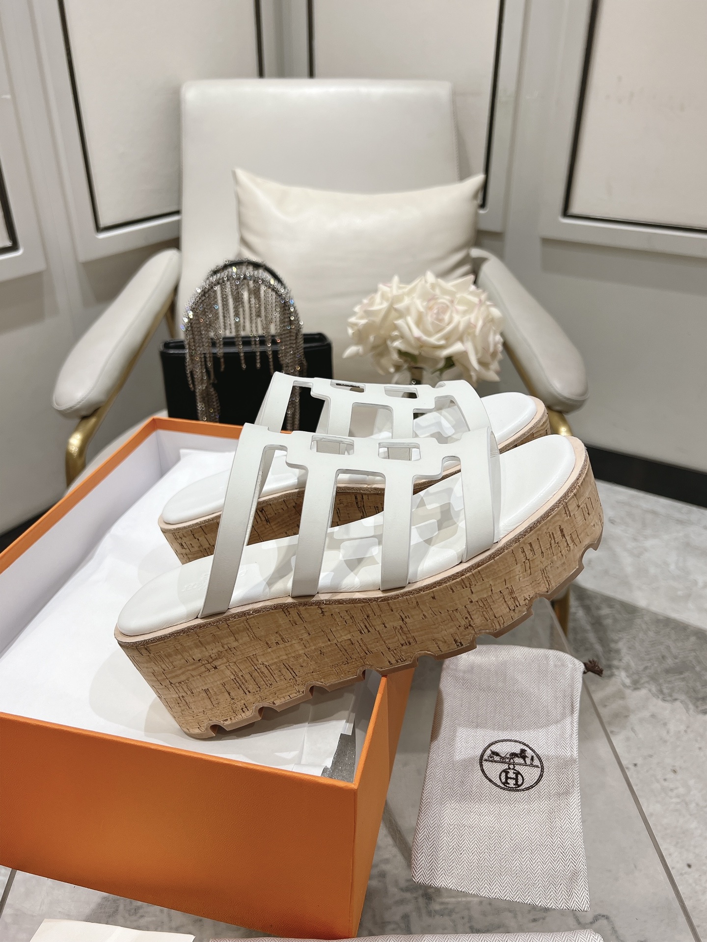 Hermes  Calfskin Cork Isabella 30 Sandals White Sold Out