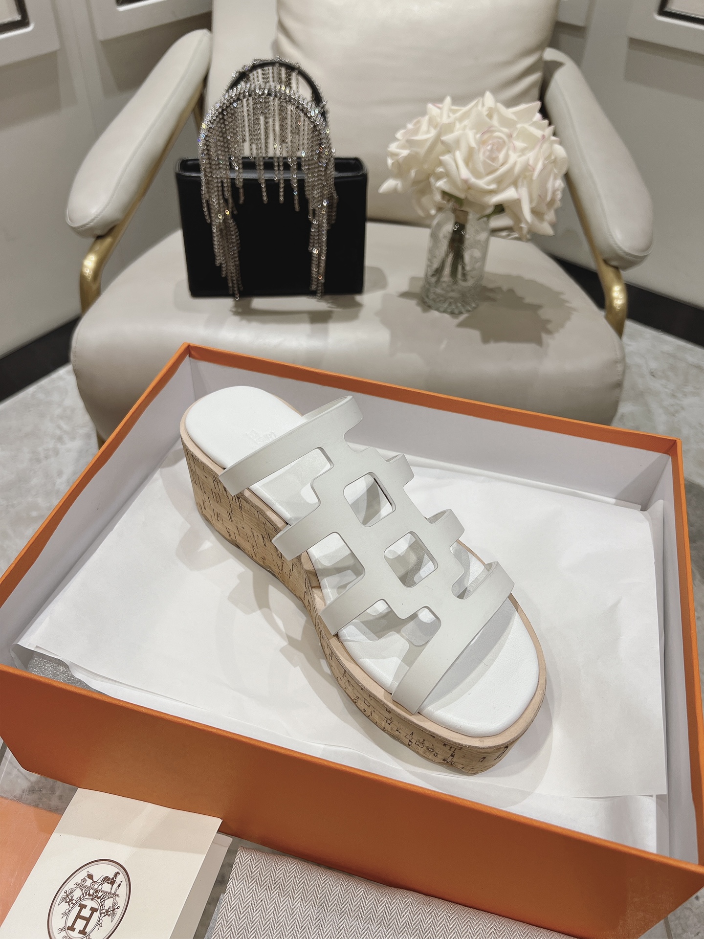 Hermes  Calfskin Cork Isabella 30 Sandals White Sold Out