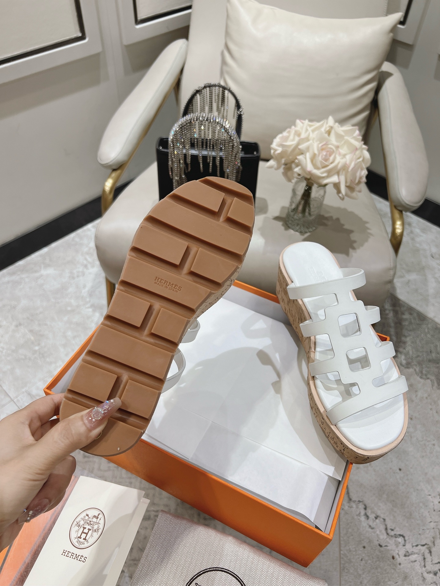 Hermes  Calfskin Cork Isabella 30 Sandals White Sold Out