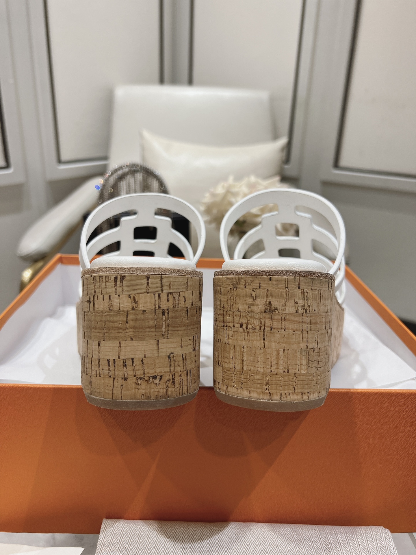 Hermes  Calfskin Cork Isabella 30 Sandals White Sold Out