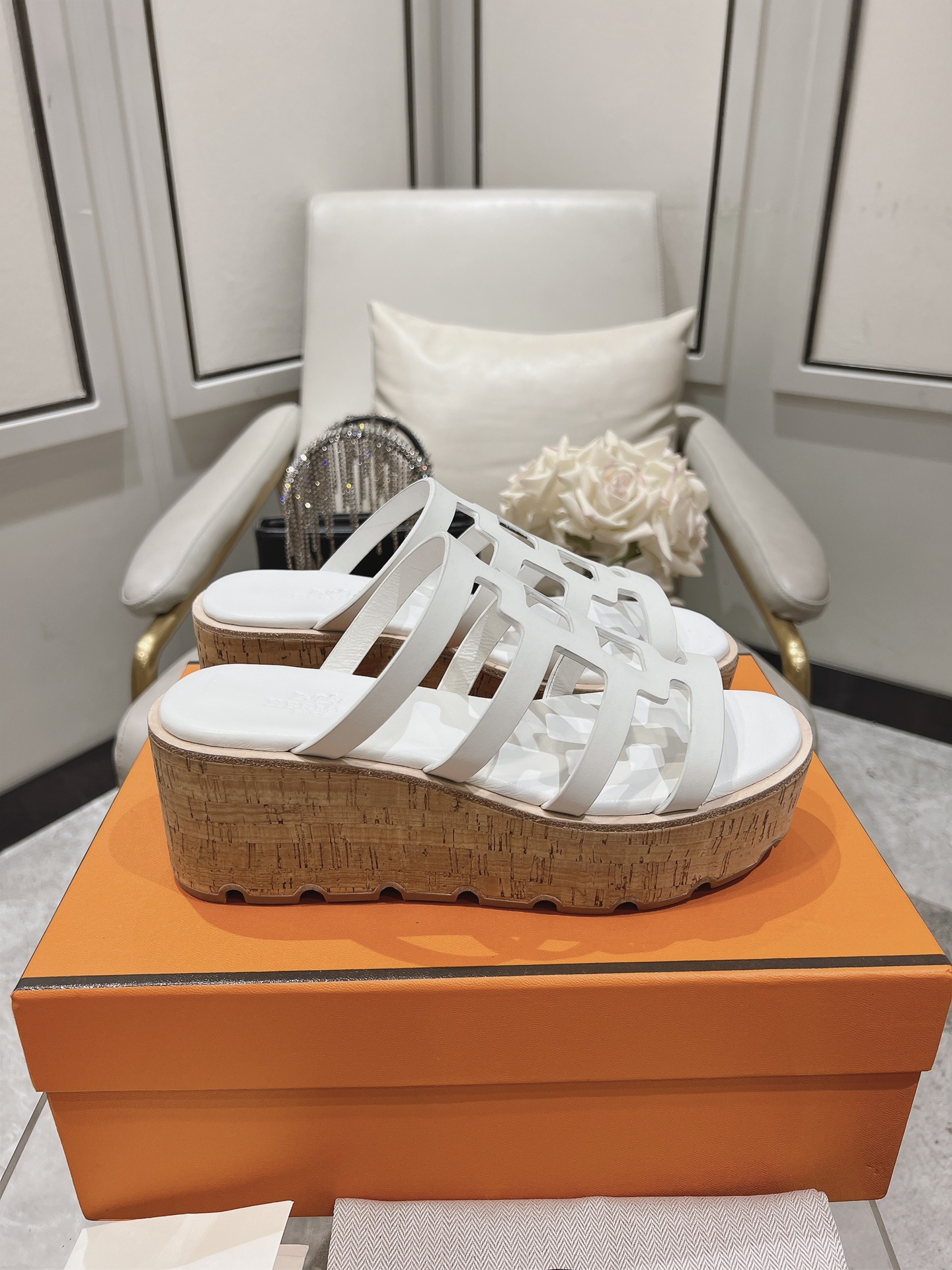 Hermes  Calfskin Cork Isabella 30 Sandals White Sold Out