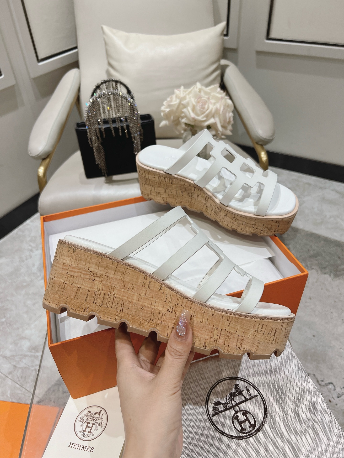 Hermes  Calfskin Cork Isabella 30 Sandals White Sold Out