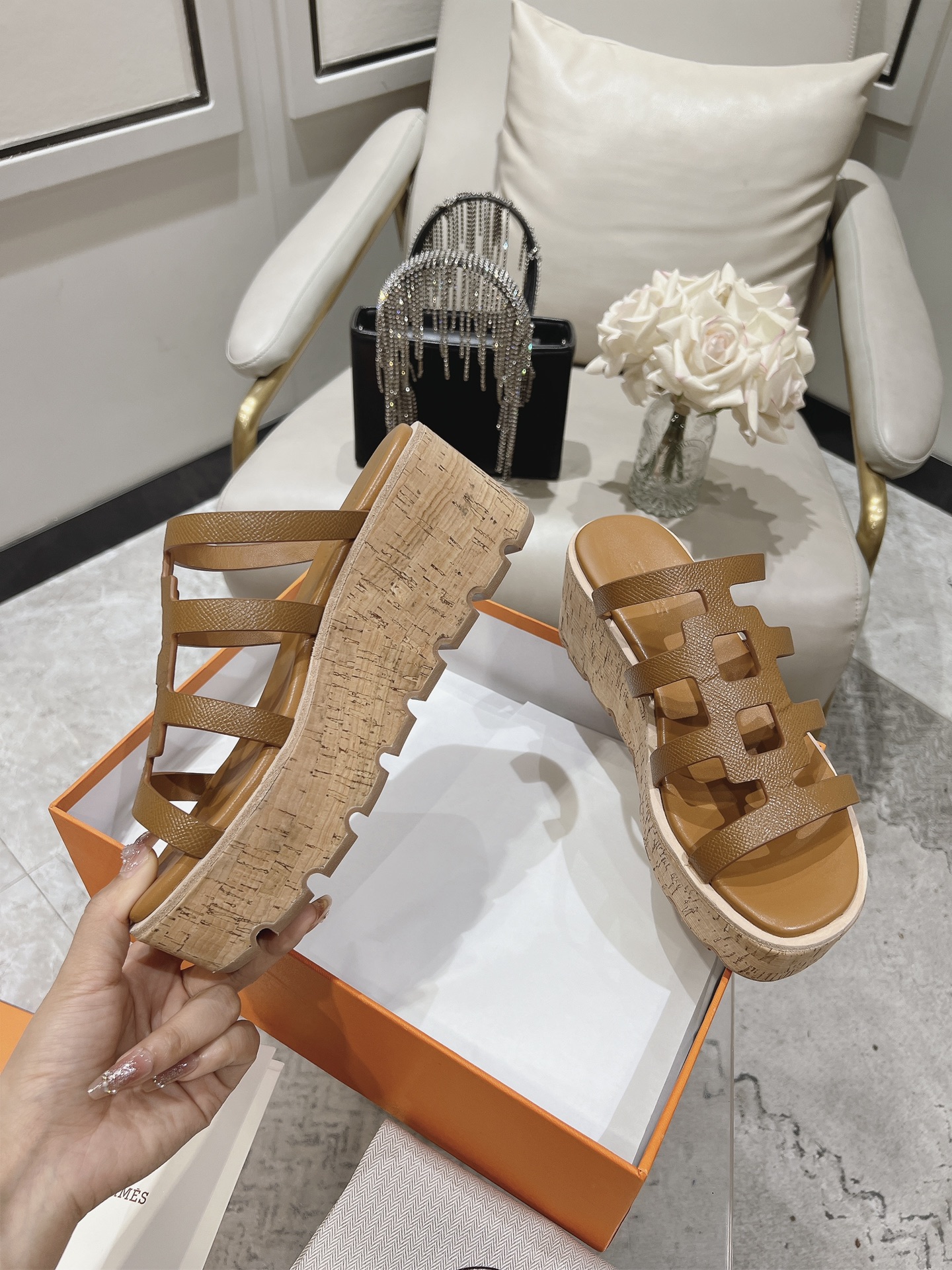 HERMES Isabella 30 Leather cork Plat form Sandals Mule Shoes brown beige