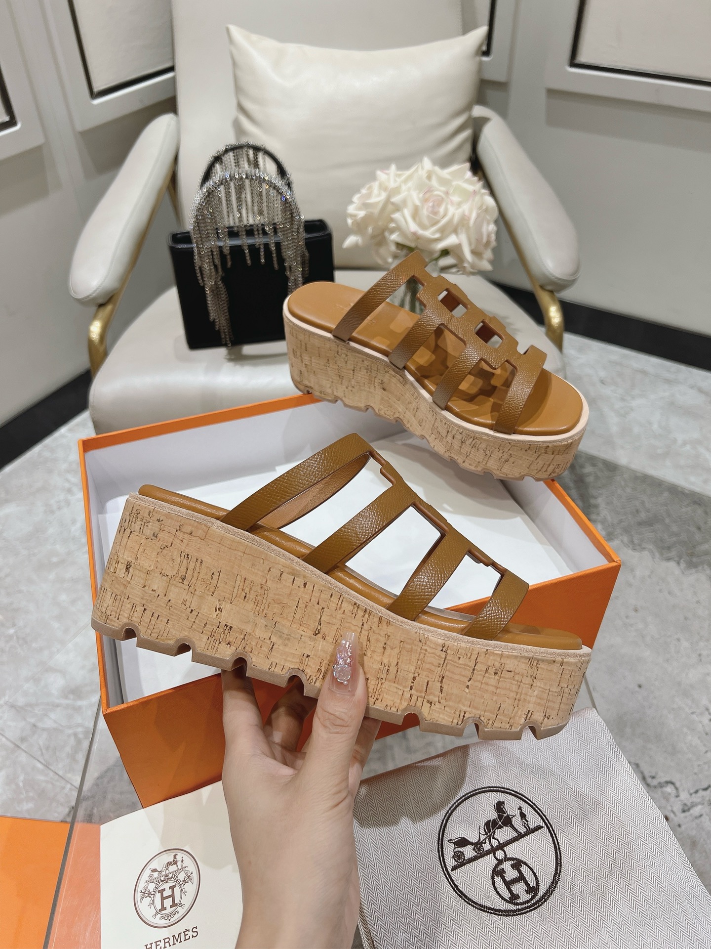 HERMES Isabella 30 Leather cork Plat form Sandals Mule Shoes brown beige