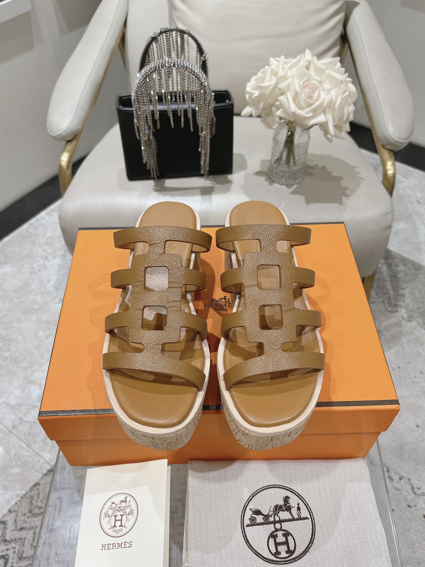 HERMES Isabella 30 Leather cork Plat form Sandals Mule Shoes brown beige