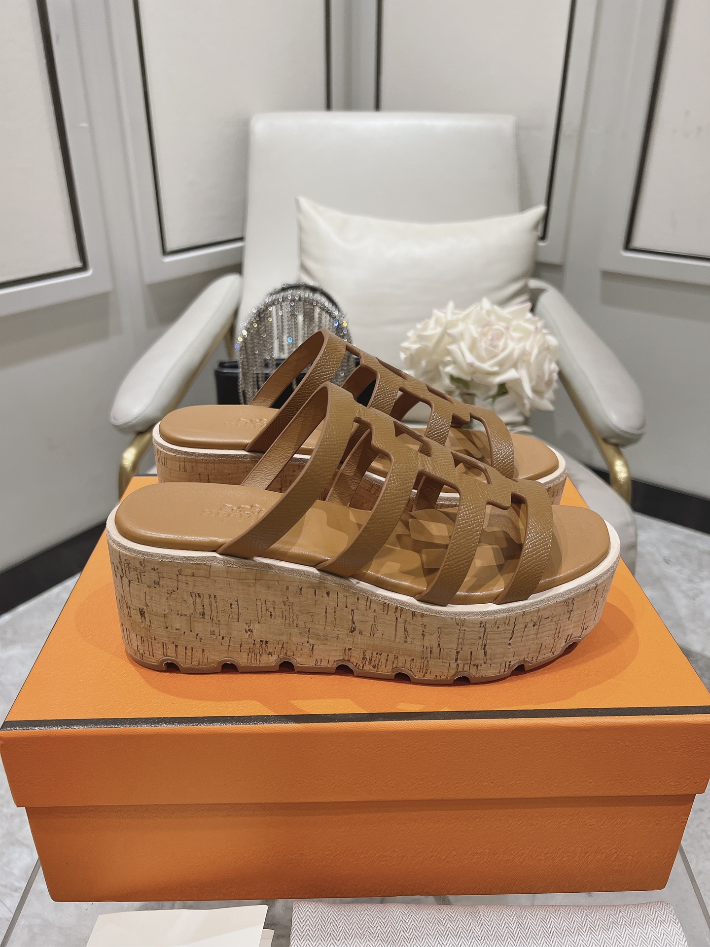 HERMES Isabella 30 Leather cork Plat form Sandals Mule Shoes brown beige