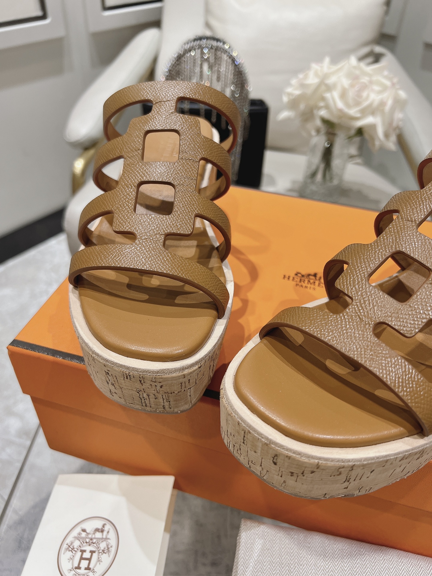 HERMES Isabella 30 Leather cork Plat form Sandals Mule Shoes brown beige