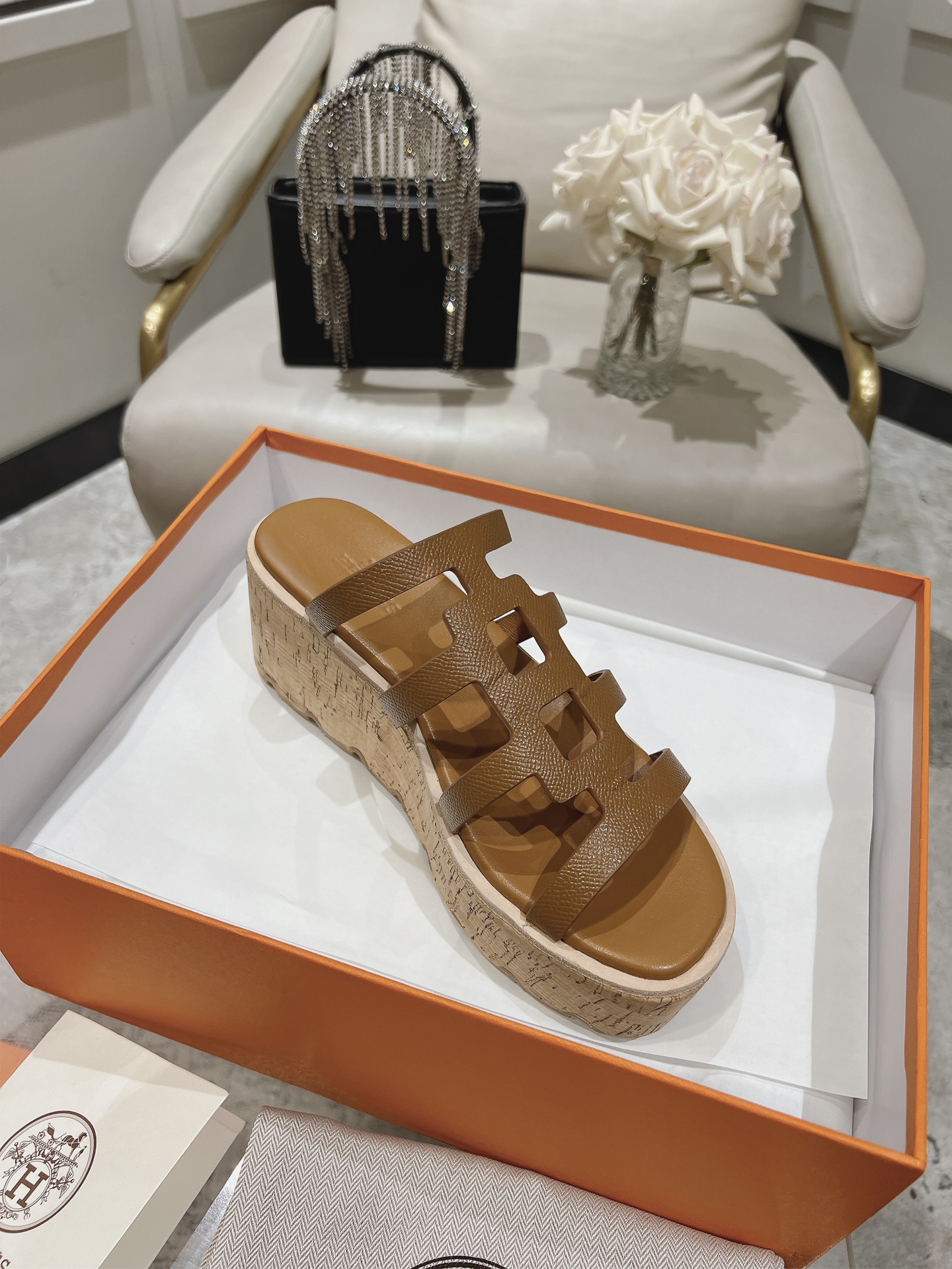 HERMES Isabella 30 Leather cork Plat form Sandals Mule Shoes brown beige