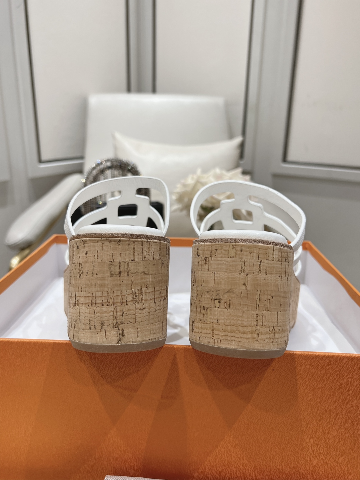HERMES Isabella 30 Leather cork Plat form Sandals Mule Shoes H241120Z White beige