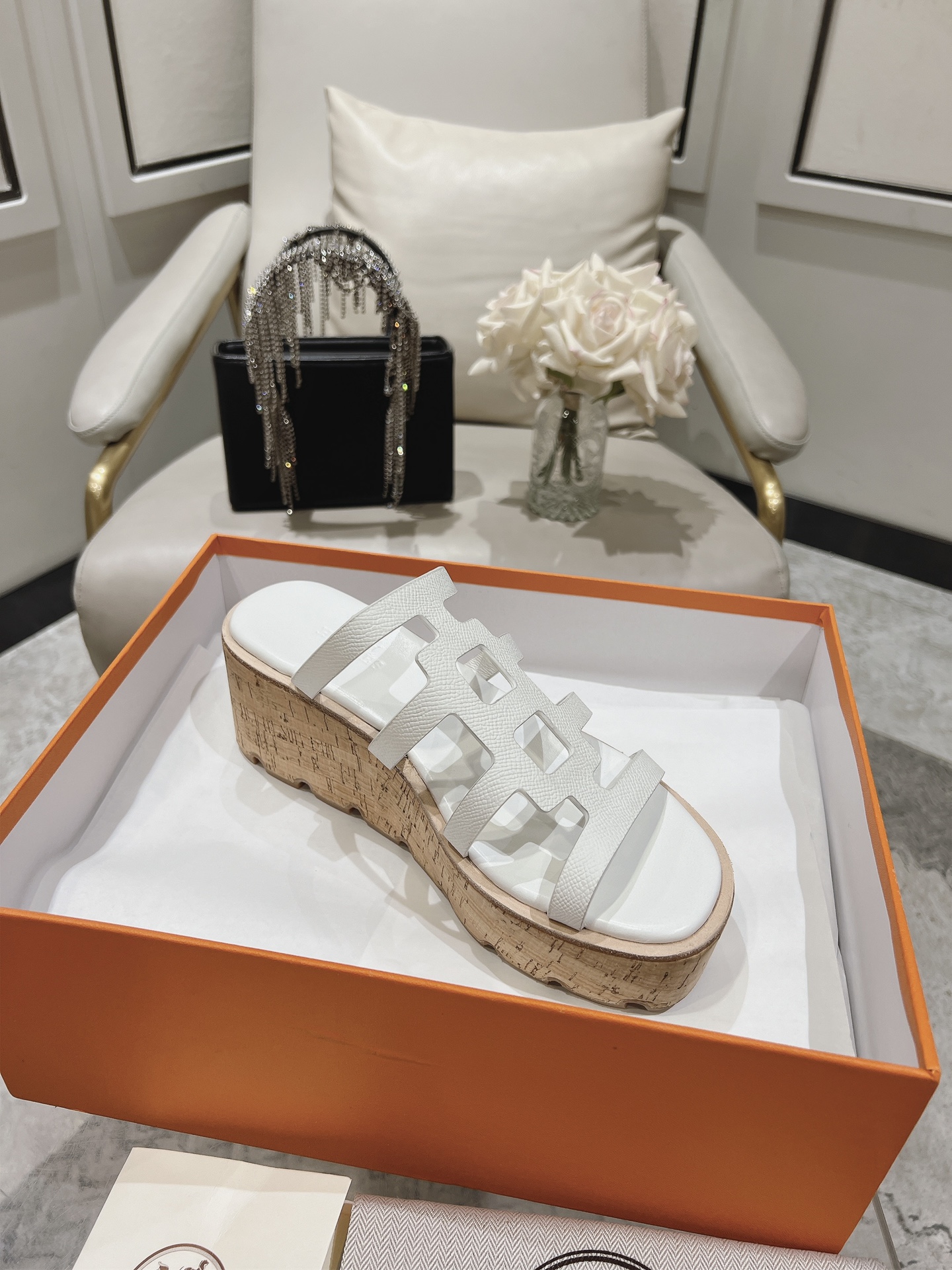 HERMES Isabella 30 Leather cork Plat form Sandals Mule Shoes H241120Z White beige