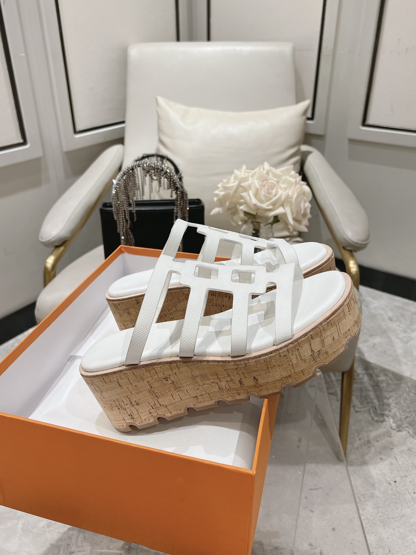 HERMES Isabella 30 Leather cork Plat form Sandals Mule Shoes H241120Z White beige