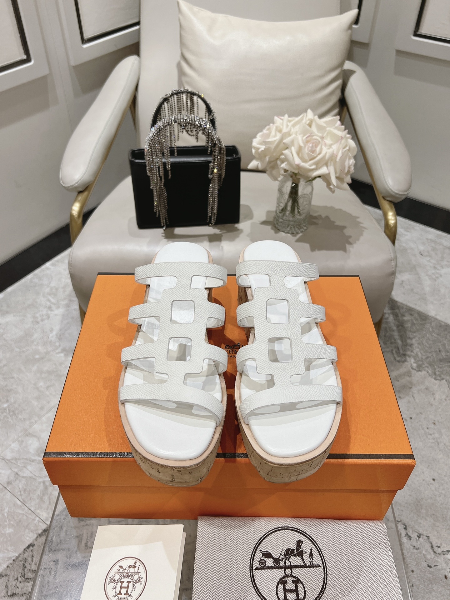 HERMES Isabella 30 Leather cork Plat form Sandals Mule Shoes H241120Z White beige