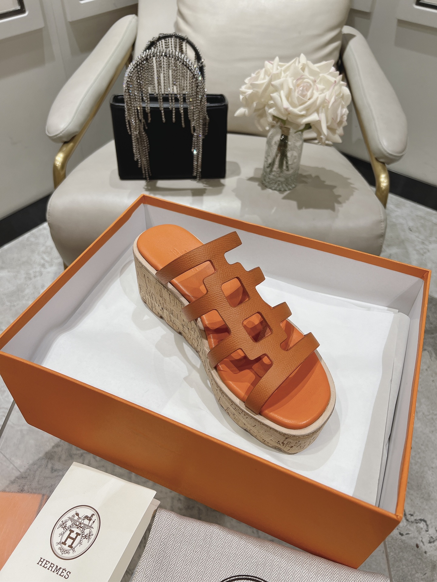 HERMES Isabella 30 Leather cork Plat form Sandals Mule Shoes orange beige