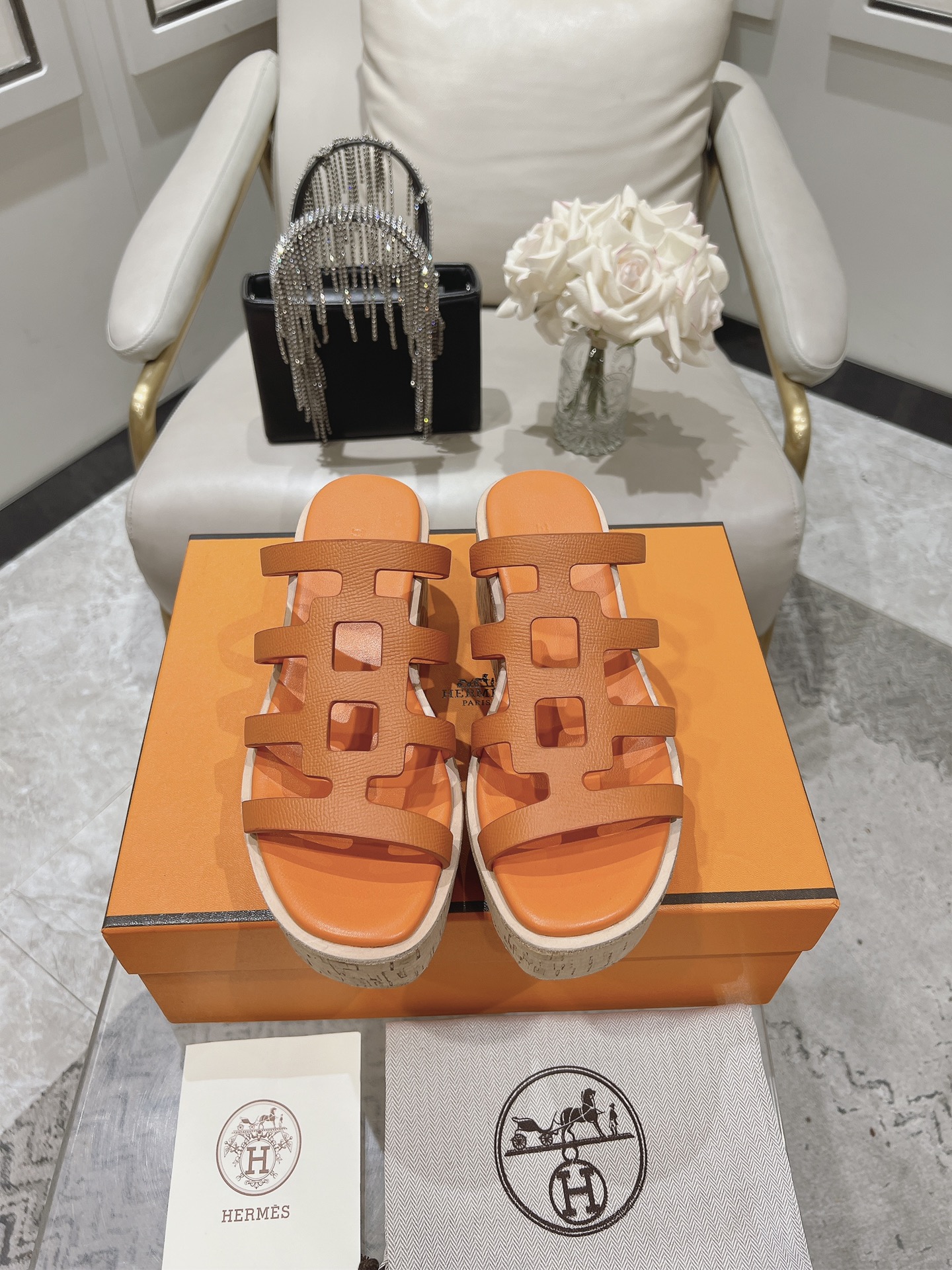 HERMES Isabella 30 Leather cork Plat form Sandals Mule Shoes orange beige