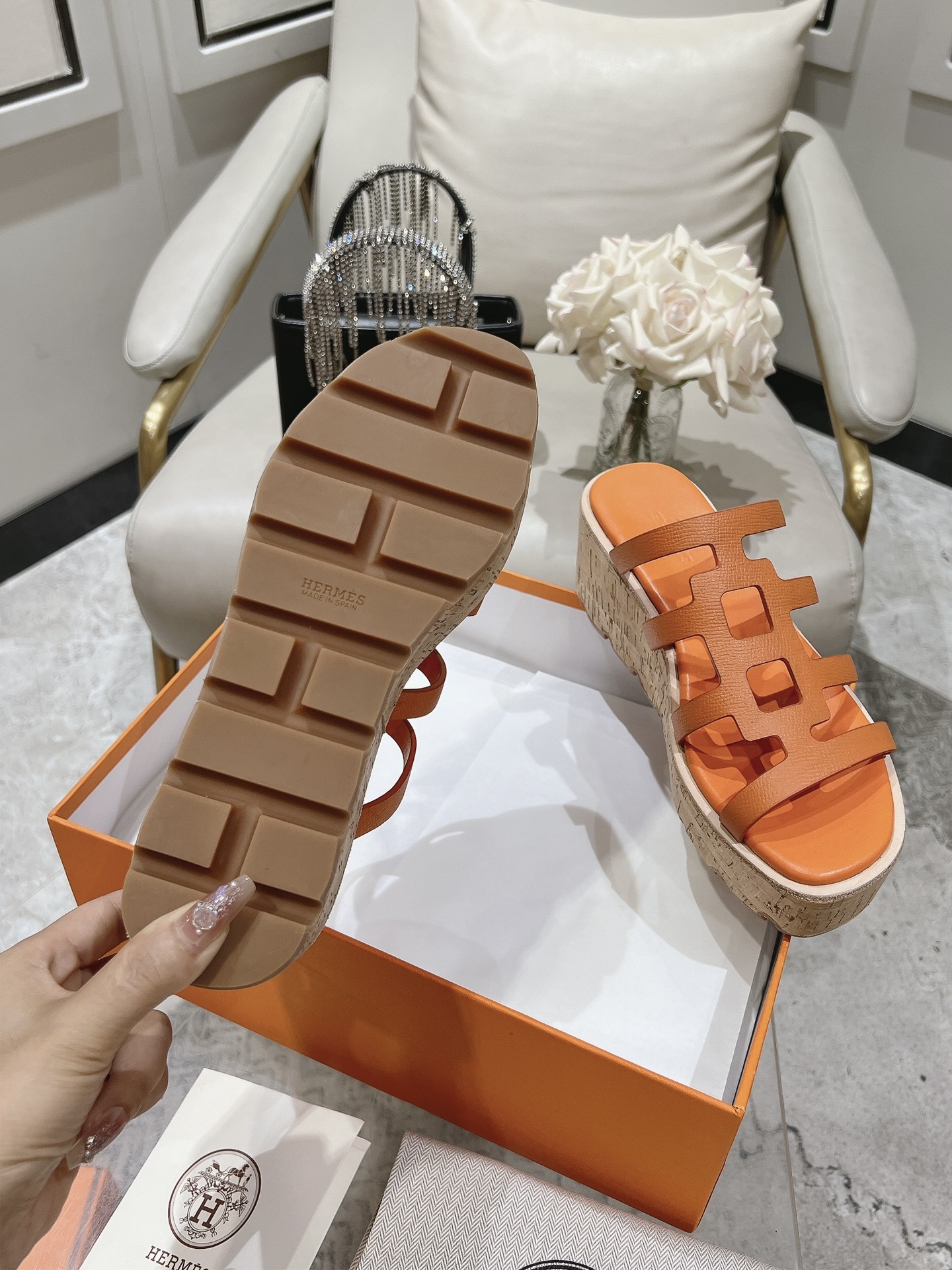 HERMES Isabella 30 Leather cork Plat form Sandals Mule Shoes orange beige