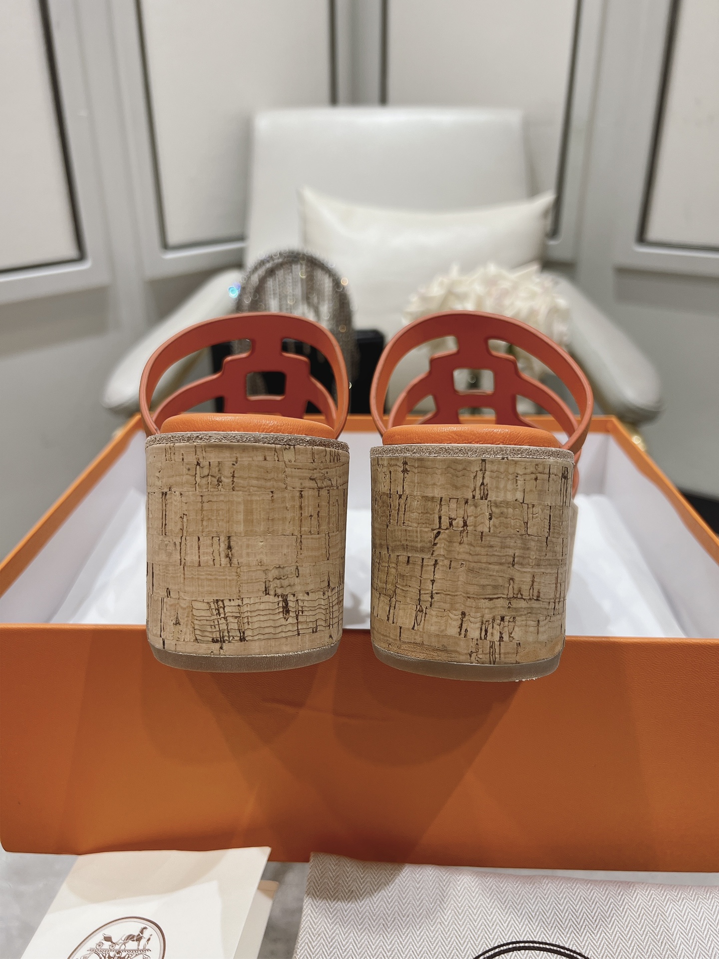 HERMES Isabella 30 Leather cork Plat form Sandals Mule Shoes orange beige