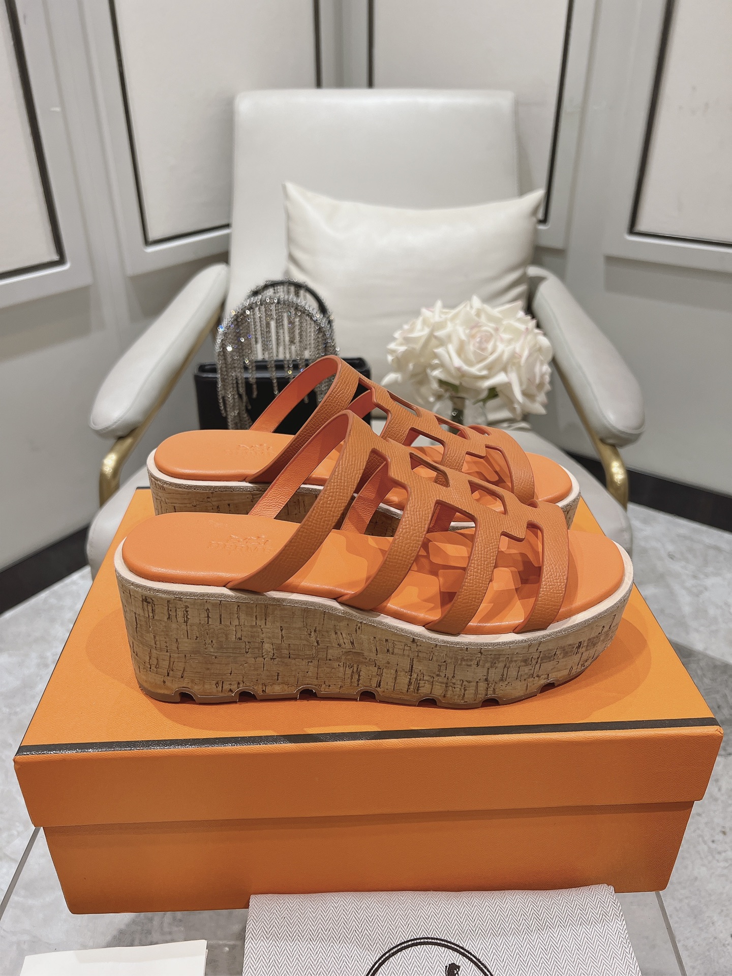 HERMES Isabella 30 Leather cork Plat form Sandals Mule Shoes orange beige