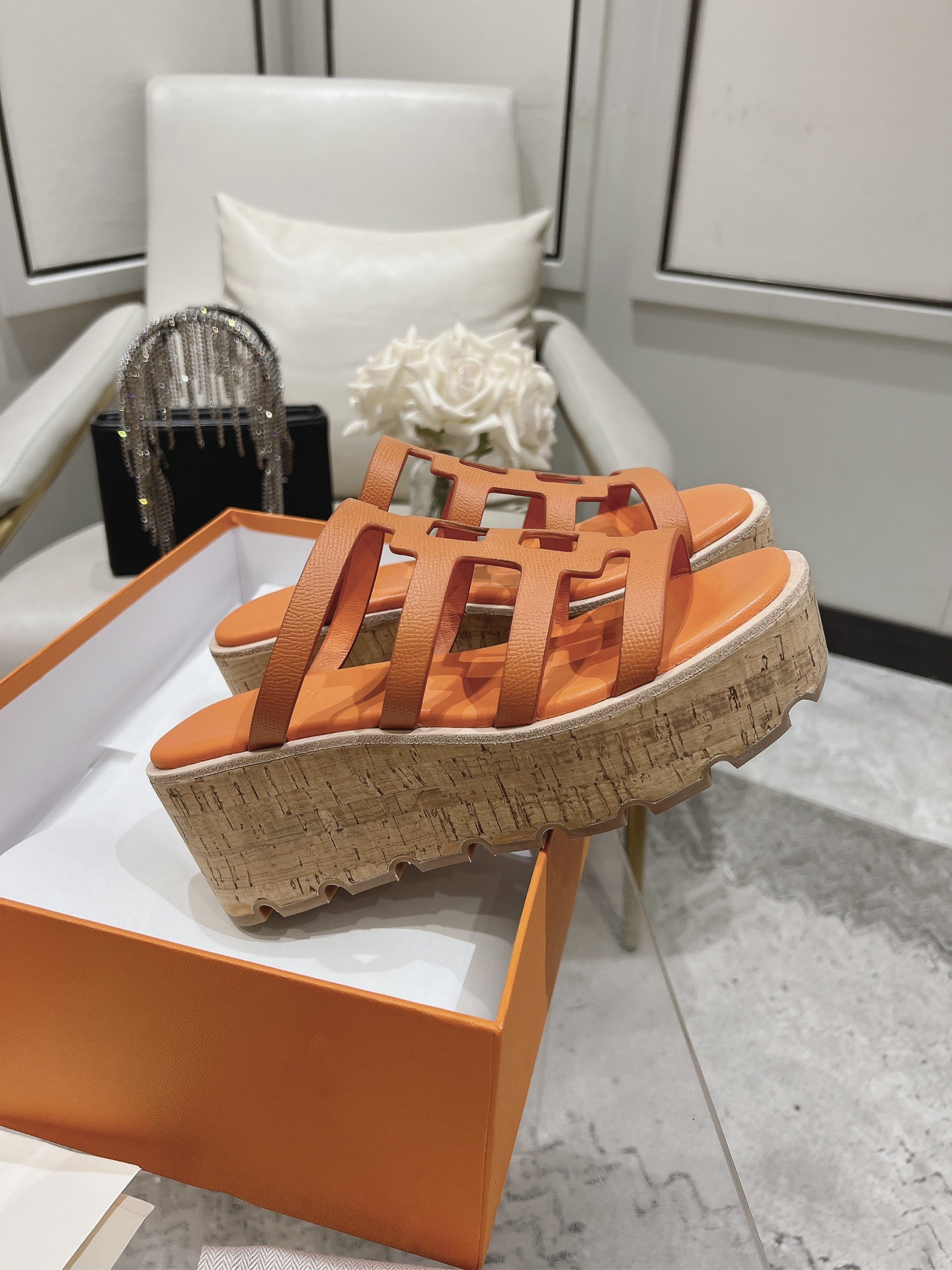 HERMES Isabella 30 Leather cork Plat form Sandals Mule Shoes orange beige