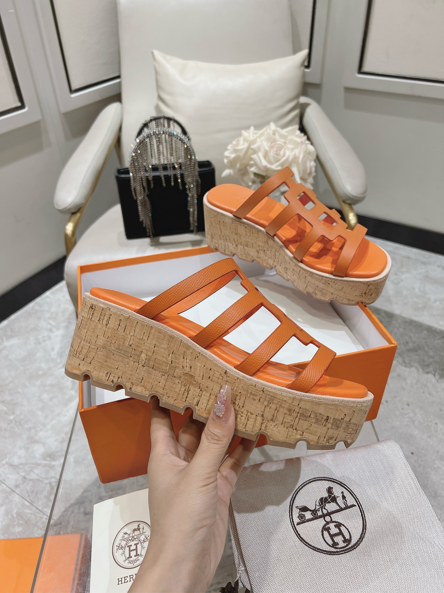 HERMES Isabella 30 Leather cork Plat form Sandals Mule Shoes orange beige