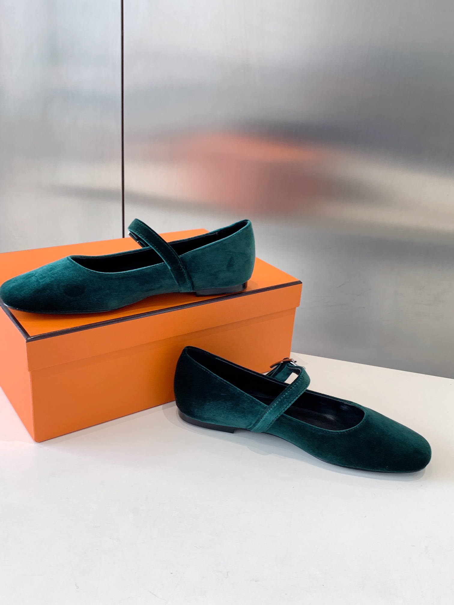 Hermès Ballerines en velours vertes