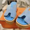 HERMES Suede Goatskin Cork Eze 30 Sandals Bleu ...