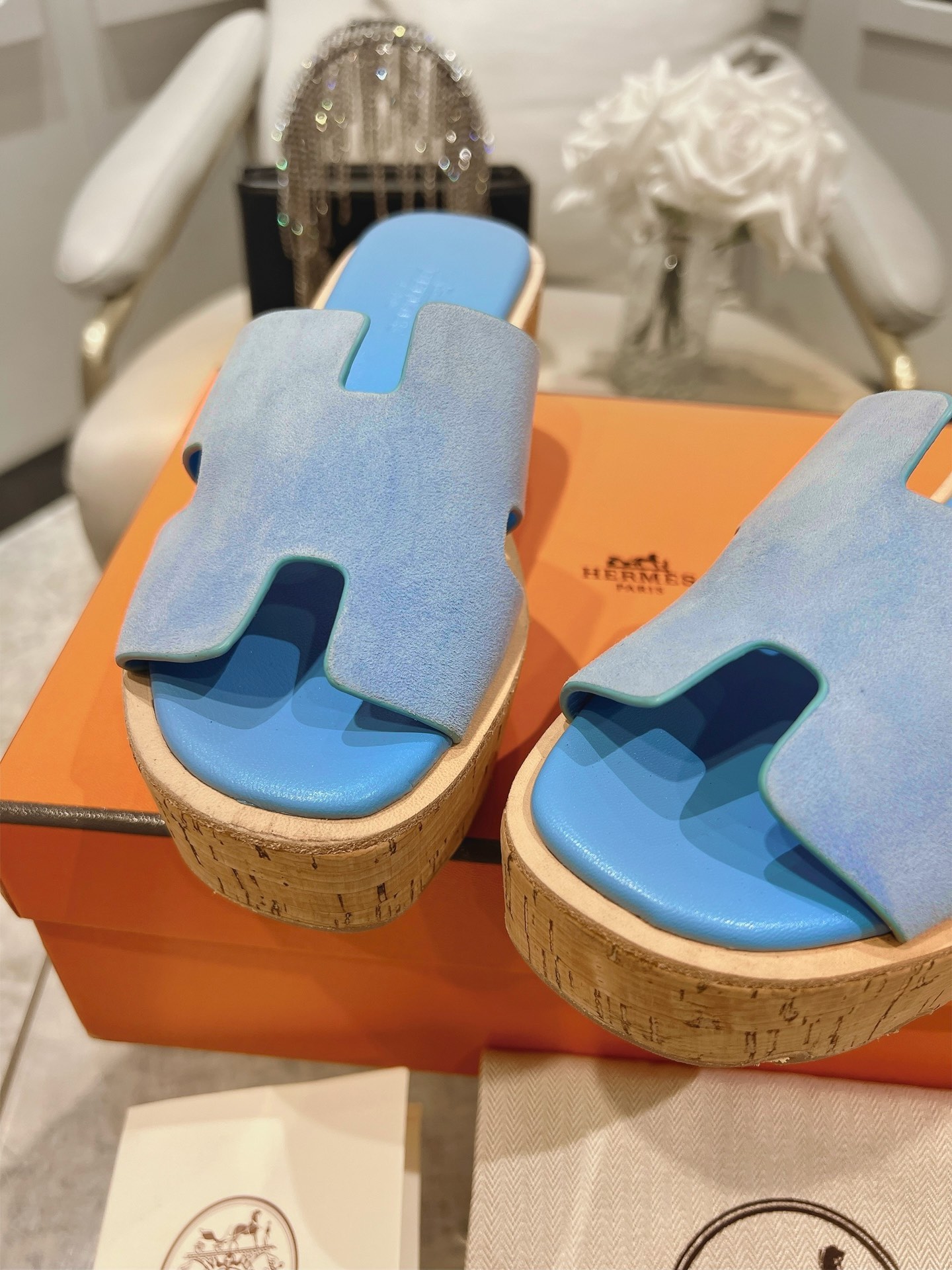 HERMES 00159 HERMES Suede Goatskin Cork Eze 30 Sandals Bleu ...