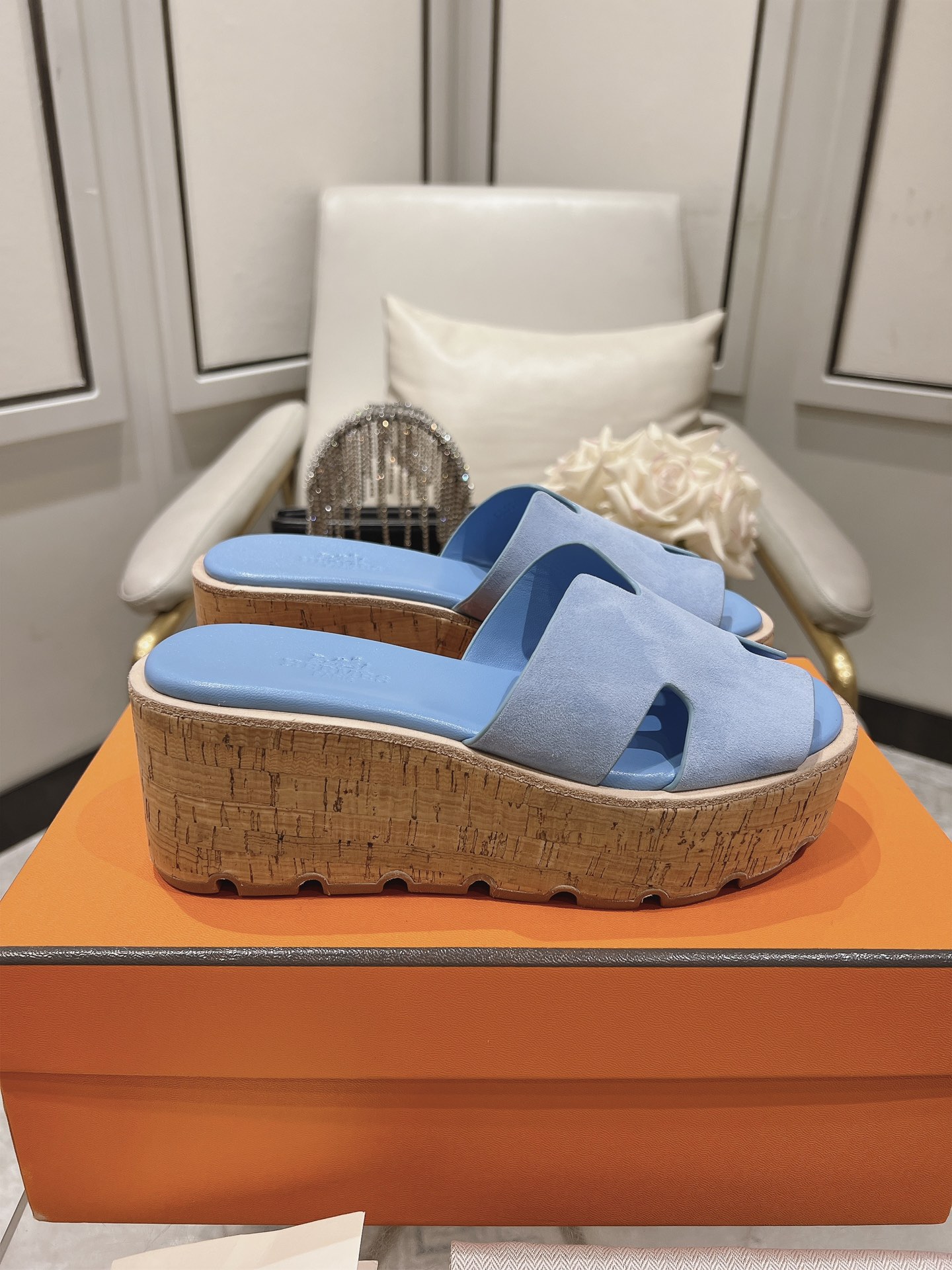 HERMES Suede Goatskin Cork Eze 30 Sandals Bleu …