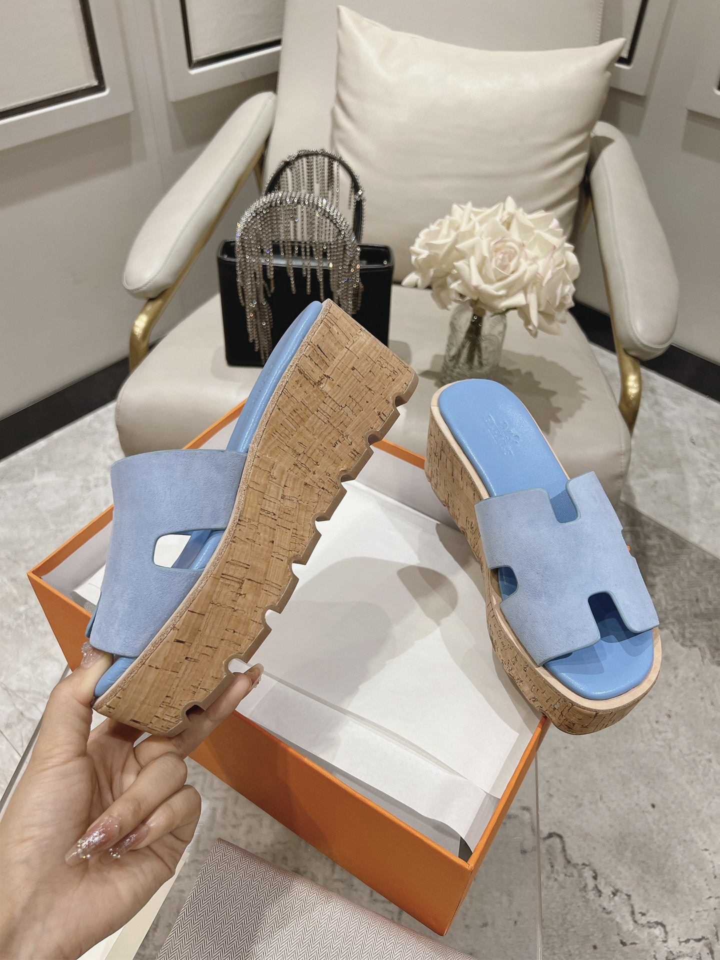 HERMES 00159 HERMES Suede Goatskin Cork Eze 30 Sandals Bleu ...