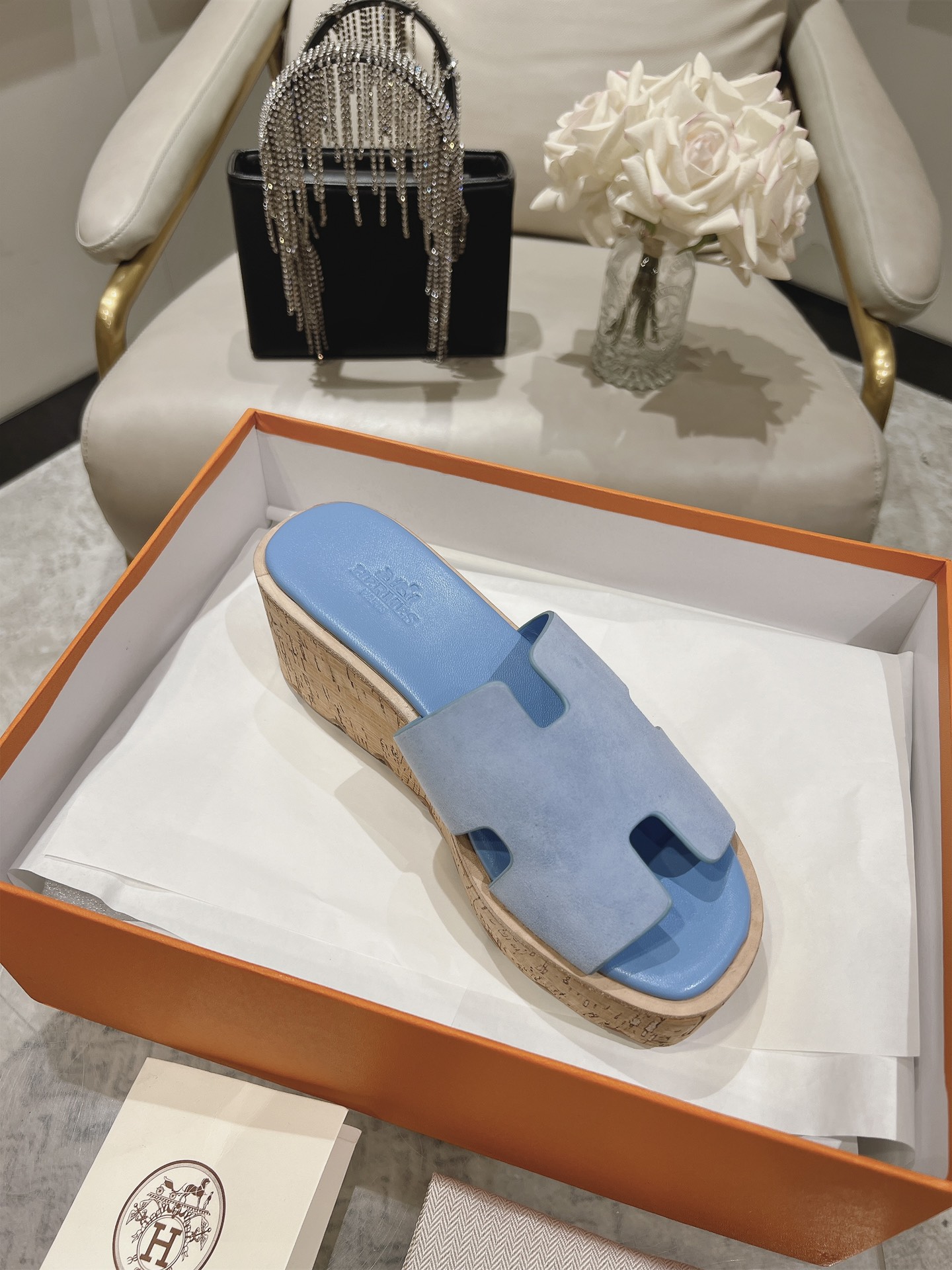 HERMES 00159 HERMES Suede Goatskin Cork Eze 30 Sandals Bleu ...