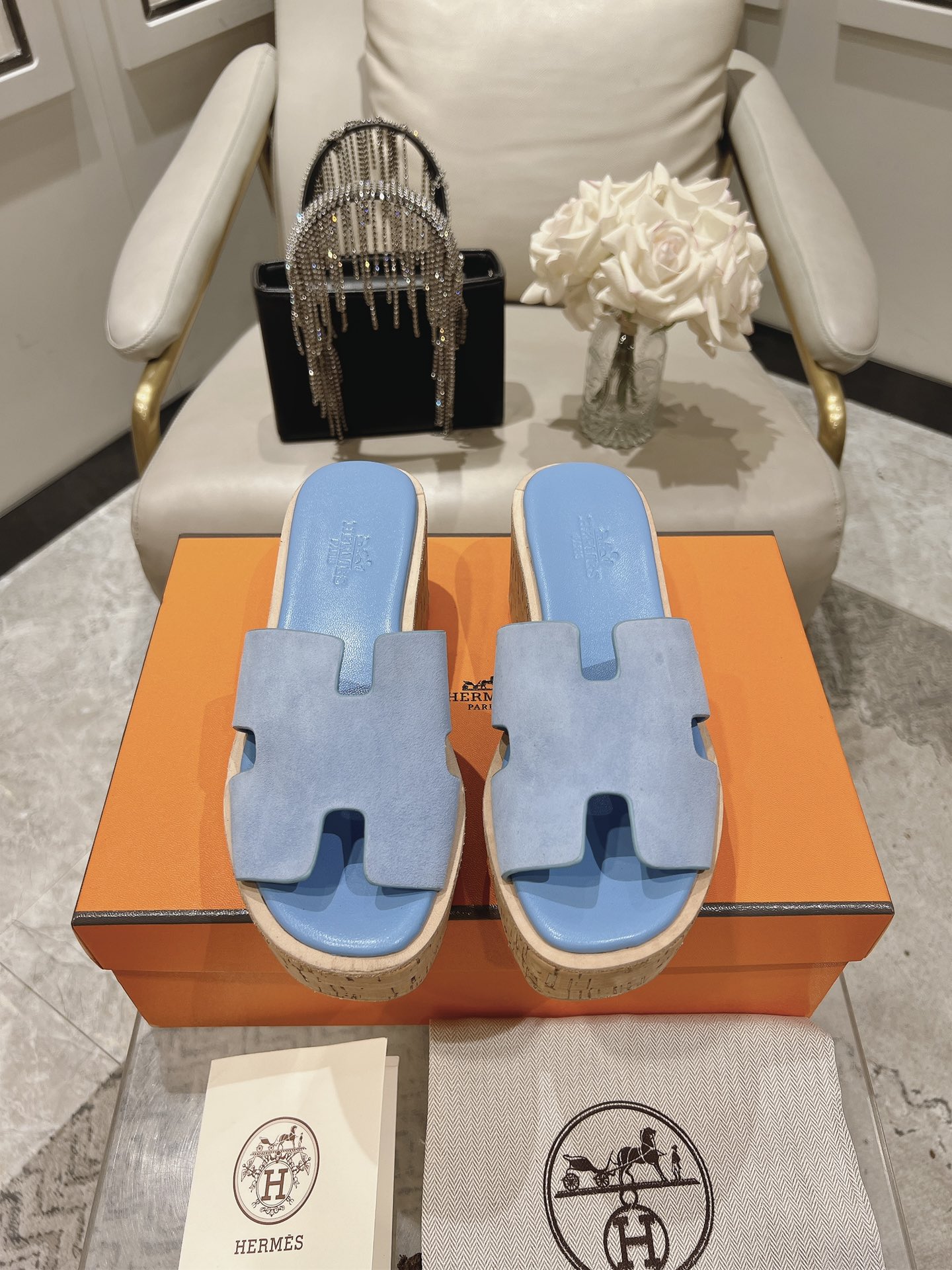 HERMES 00159 HERMES Suede Goatskin Cork Eze 30 Sandals Bleu ...