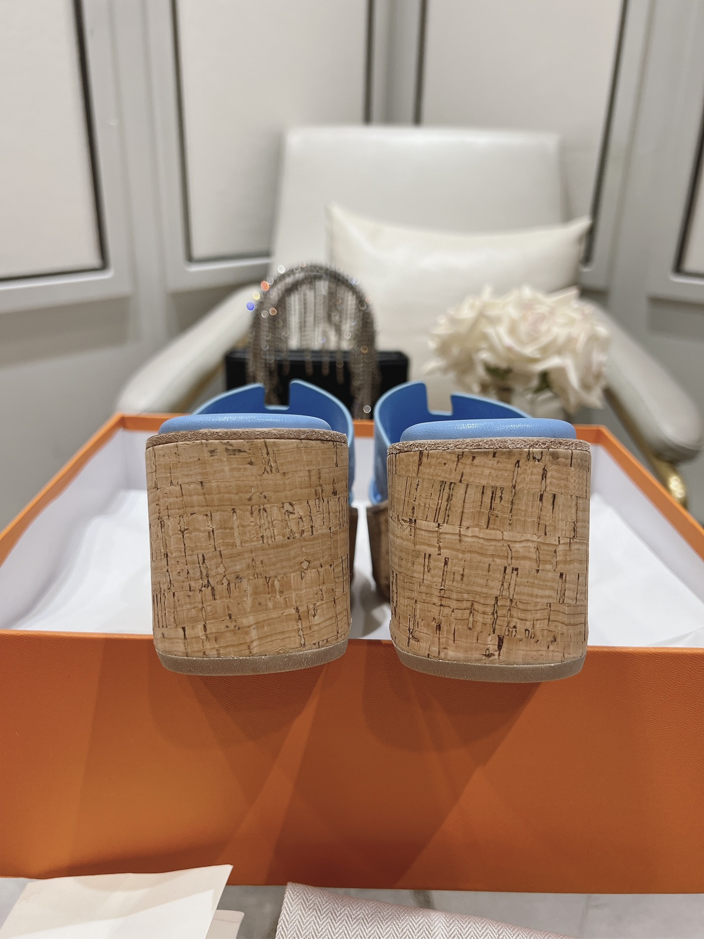HERMES 00159 HERMES Suede Goatskin Cork Eze 30 Sandals Bleu ...