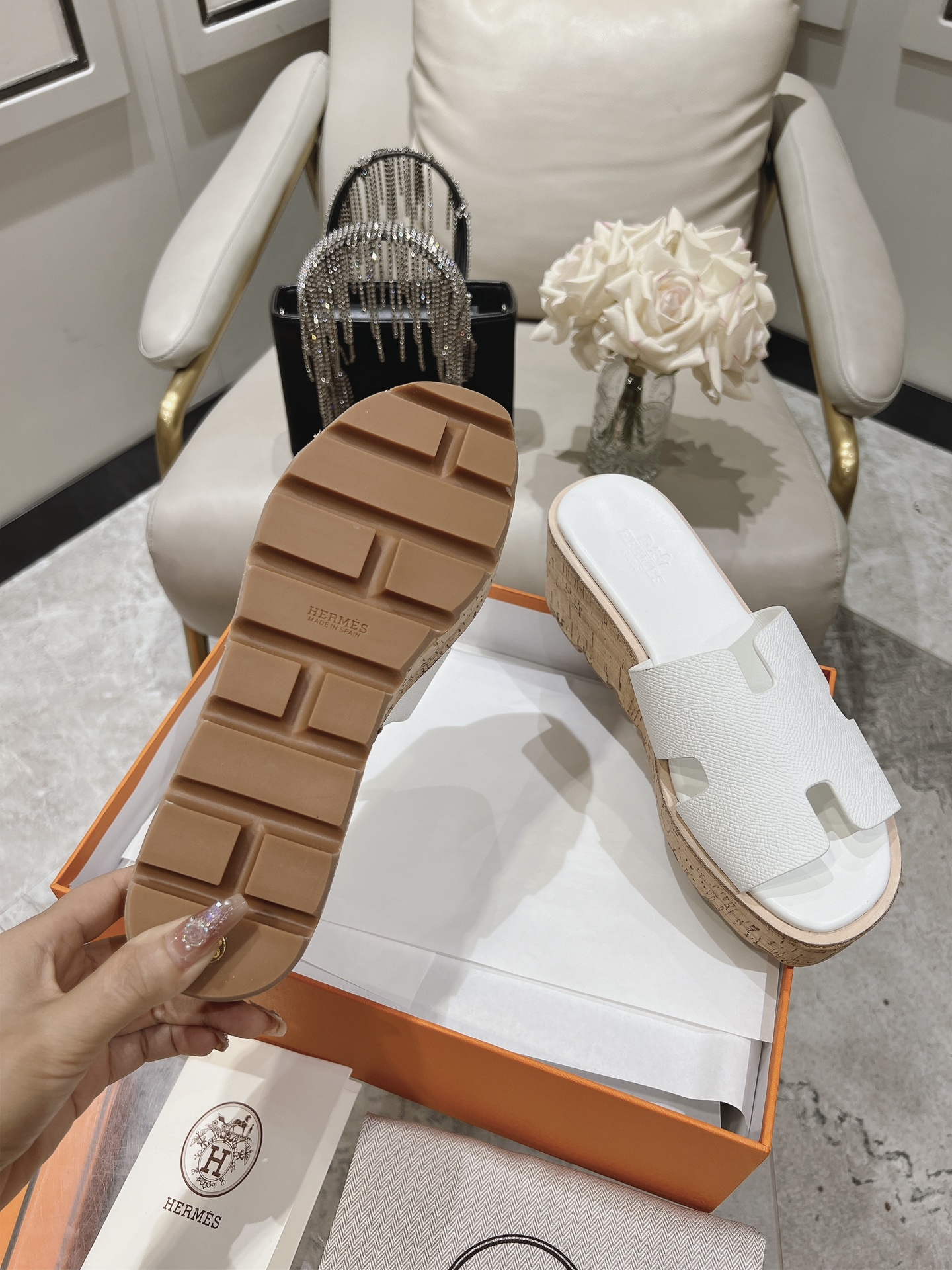 HERMES 00179 Hermes White Leather Eze Wedge Sandals Size
