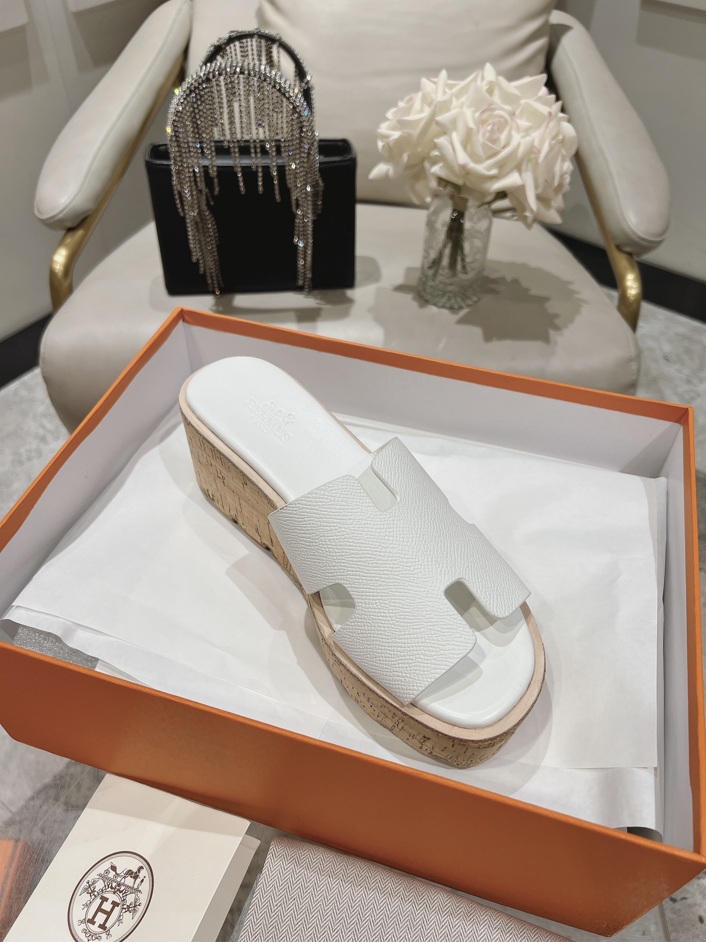 HERMES 00179 Hermes White Leather Eze Wedge Sandals Size