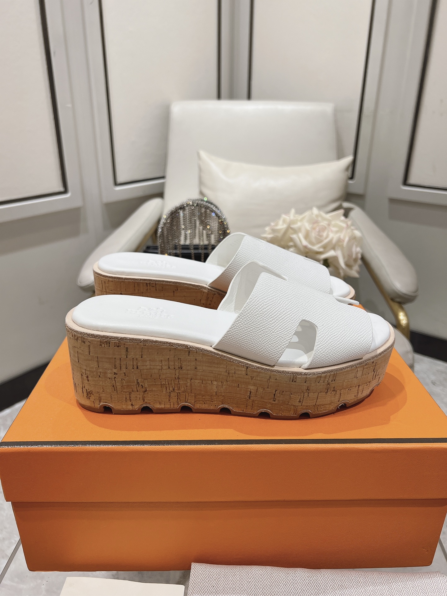 Hermes White Leather Eze Wedge Sandals Size