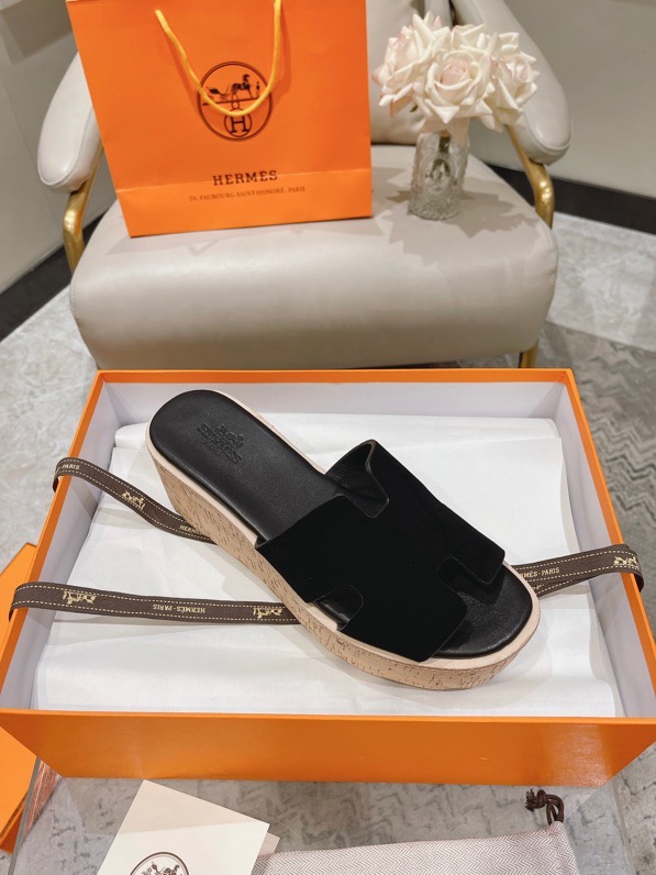 HERMES 00209 Hermes black Leather Eze Wedge Sandals Size