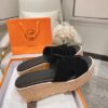 Hermes black Leather Eze Wedge Sandals Size