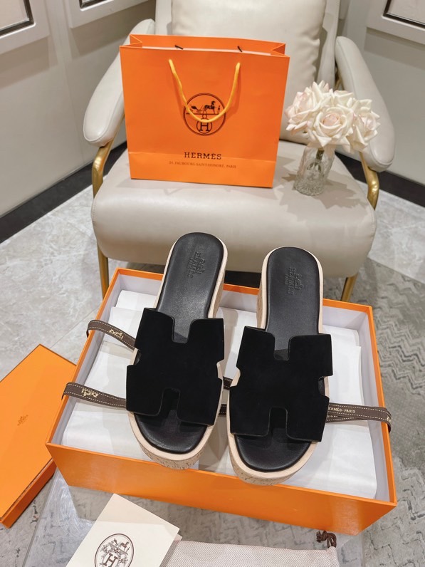 HERMES 00209 Hermes black Leather Eze Wedge Sandals Size