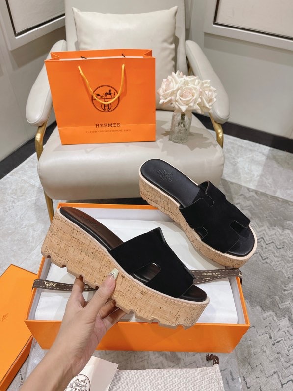 HERMES 00209 Hermes black Leather Eze Wedge Sandals Size