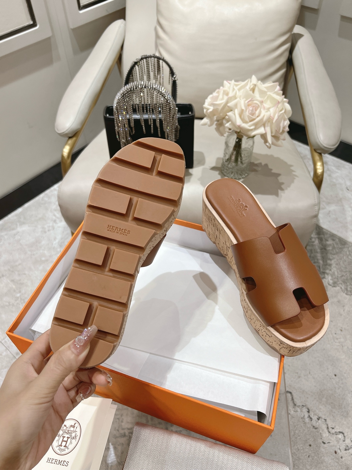 Hermes  Calfskin Cork Eze 30 Sandals  Marron Glaise Sold Out